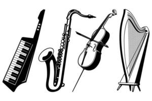 música instrumentos ícones definir. harpa, violoncelo, saxofone, keytar. vetor cliparts isolado em branco.