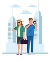 casal de turistas com câmera e bolsa sobre os personagens da cidade vetor