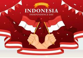 Indonésia independência dia vetor ilustração em 17 agosto com indonésio bandeira levantando a vermelho e branco dentro plano desenho animado mão desenhado modelos