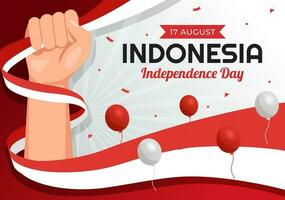 Indonésia independência dia vetor ilustração em 17 agosto com indonésio bandeira levantando a vermelho e branco dentro plano desenho animado mão desenhado modelos