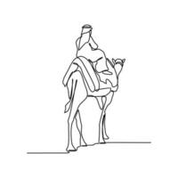 1 contínuo linha desenhando do pessoas estão equitação camelos dentro a deserto Como símbolo para hijrah. islâmico Novo ano feriado conceito dentro simples linear estilo. islâmico Novo ano Projeto conceito vetor ilustração