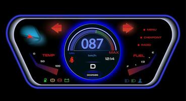 painel de controle do uma carro, motocicleta lambreta dentro vermelho azul néon cores vetor