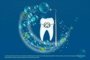 Ilustração em vetor 3D, dentes realistas com aparelho. alinhamento da mordida dos dentes, dentição com aparelho, aparelho dentário.