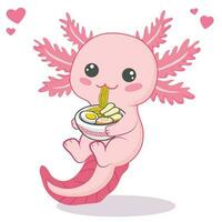 kawaii axolotl comendo ramen macarrão desenho animado vetor ilustração