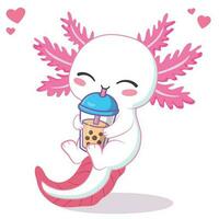 kawaii axolotl bebendo boba leite chá desenho animado vetor ilustração