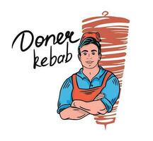 árabe chefe de cozinha prepara Kebab vetor