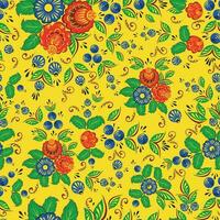 desatado fundo folk art.red e azul flores com verde folhas.amarelo background.vector ilustração. vetor