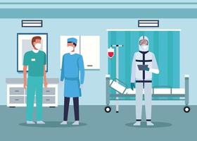 grupo de funcionários médicos usando máscara médica no quarto do hospital vetor