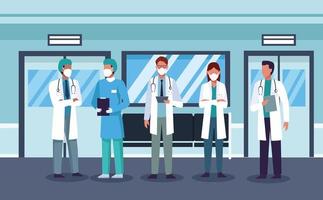 grupo de funcionários médicos usando máscara médica no corredor do hospital vetor