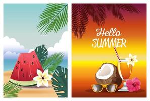 olá férias de verão com coco e melancia vetor