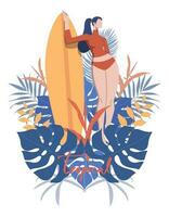 jovem mulher dentro roupa de banho com prancha de surfe em colorida tropical folhas verão, modelo com Lugar, colocar para bandeira, texto. vetor Projeto ilustração.