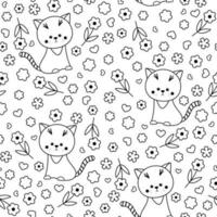 fofa gatos e flores Preto e branco desatado padronizar. ótimo para coloração página, impressões, fundos, têxtil e tecido. vetor ilustração