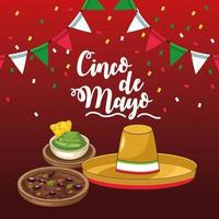 celebração do cinco de mayo com chapéu mexicano e comida vetor