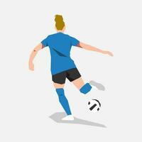 fêmea futebol jogador atleta pontapé a bola. costas visualizar. tema do esporte, futebol, mulheres. vetor plano ilustração.