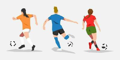 conjunto do de várias fêmea futebol futebol jogador atleta babar a bola. costas visualizar. tema do esporte, futebol, mulheres. vetor plano ilustração.