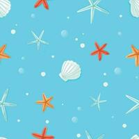 colorida desatado aquático padronizar com mão desenhado embaixo da agua elementos tal Como estrelas do mar e conchas do mar em azul fundo. moda impressão projeto, vetor ilustração