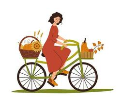 menina passeios bicicleta com colheita dentro cesta, colheita do outono legumes. vetor