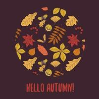 outono folhas carrinho. outono outono folhas dentro forma do círculo e inscrição Olá outono. vetor