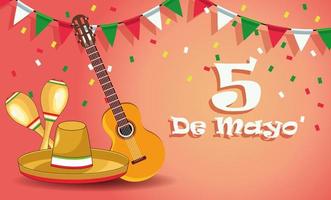 Celebração da festa do cinco de mayo com chapéu e instrumentos mexicanos vetor