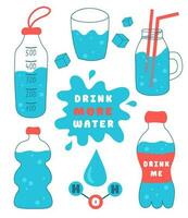 beber Mais água. h2o definir. esporte garrafas, óculos coleção. vetor plano ilustração.