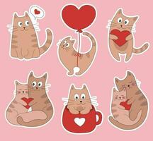 conjunto do adesivo pacote com gatos dia dos namorados dia. casal do fofa gato dentro amar. gato com coração, gatinho dentro xícara, gatos amor, vôo gato em balão. vetor ilustração