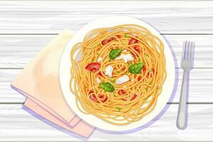espaguete massa dentro de madeira prato com tomates, manjericão, mozzarella dentro desenho animado estilo topo Visão detalhado e texturizado em de madeira fundo. comida, italiano cozinha. vetor ilustração