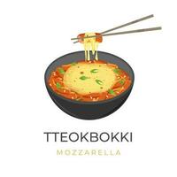 ilustração logotipo coreano arroz bolo tteokbokki com derretido mozzarella queijo e comido com pauzinhos vetor