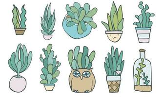 vetor rabisco cacto dentro panelas clipart definir, casa plantar suculento coleção, isolado kawaii fofa aloés adesivos