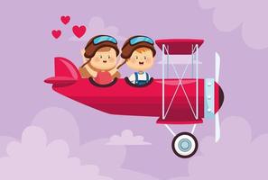 lindo casal de crianças em um avião voando vetor