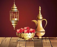 celebração ramadan kareem com bule dourado e comida vetor