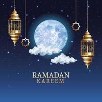 celebração ramadan kareem com lanternas douradas penduradas vetor