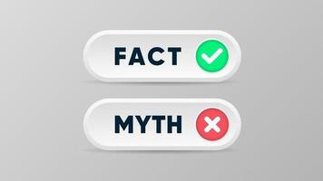 Banners de botões de mito e fato para fatos verdadeiros ou falsos em estilo 3D com ilustração vetorial de símbolos de cruz e marca de seleção vetor