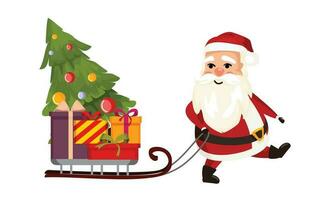 santa claus com uma grupo do presentes, carrega, arrasta em uma trenó. plano, cardun, Natal véspera e Novo ano. vetor