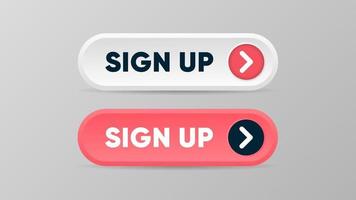 botões de inscrição no estilo 3D com os botões vermelho e branco do sinal de seta para seguir e assinar notícias ou ilustração vetorial de serviço vetor