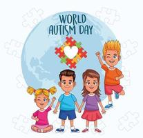 crianças do dia mundial do autismo com planeta mundial e quebra-cabeça do coração vetor