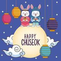 feliz celebração chuseok com casal de coelhos e lâmpadas penduradas na lua vetor