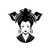 requintado mão desenhado logotipo Projeto ilustração apresentando uma cativante japonês gueixa garota, irradiando elegância e graça. vetor