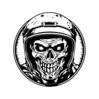 crânio zumbi vestindo motocicleta motociclista capacete logotipo vetor