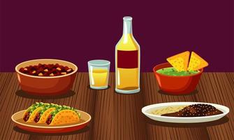 pôster de restaurante de comida mexicana com cardápio e tequila na mesa de madeira vetor