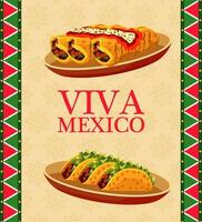 pôster de restaurante de comida mexicana com nachos e burros nos pratos vetor