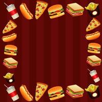 delicioso modelo de menu de fast food moldura quadrada em fundo vermelho vetor