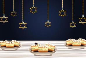 feliz celebração hanukkah com doces donuts e estrelas douradas vetor