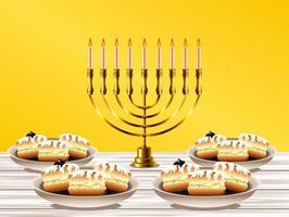 feliz celebração de hanukkah com lustre dourado e rosquinhas doces vetor