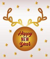 cartão de feliz ano novo letras com coroa de ouro e estrelas vetor