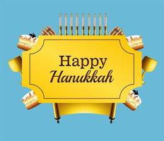 letras de celebração feliz hanukkah com conjunto de ícones no quadro vetor