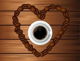 cartaz de bebida de café delicioso com copo e grãos de coração em fundo de madeira vetor