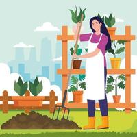 mulher de jardinagem com desenho vetorial de rake e plantas vetor