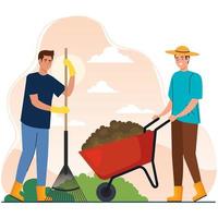 jardinagem homens com desenho vetorial de ancinho e carrinho de mão vetor