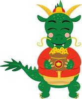 fofa chinês zodíaco verde Dragão segurando uma saco do ouro moedas vetor