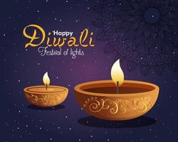 feliz diwali velas diya com mandala e estrelas no design de vetor de fundo roxo